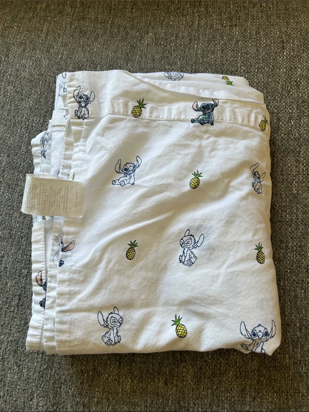 Disney White Sheet with Navy Stitch and Green Pineapple Motif | Full Flat Sheet